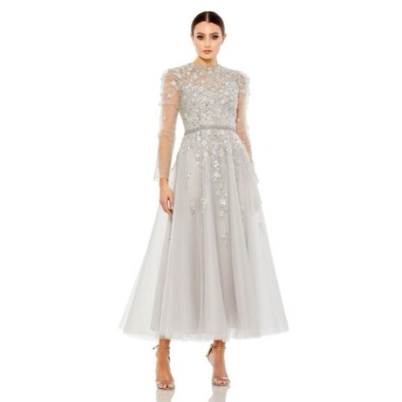 New Mac Duggal Size 4 Gray EMBELLISHED LONG SLEEVE A-LINE MIDI Cocktail Dress - Picture 1 of 11